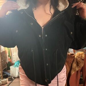 Women's Black Corduroy Jacket w/ Faux fur Hood